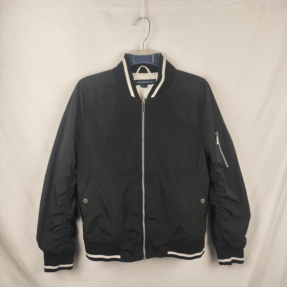 French Connection Jacket Mens Medium Black Bomber Full Zip Pockets Ribbed Hem